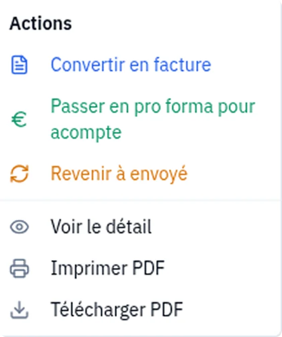 Actions d'un devis accepté dans Aionik : convertir en facture, passer en pro forma pour acompte, télécharger ou imprimer le PDF