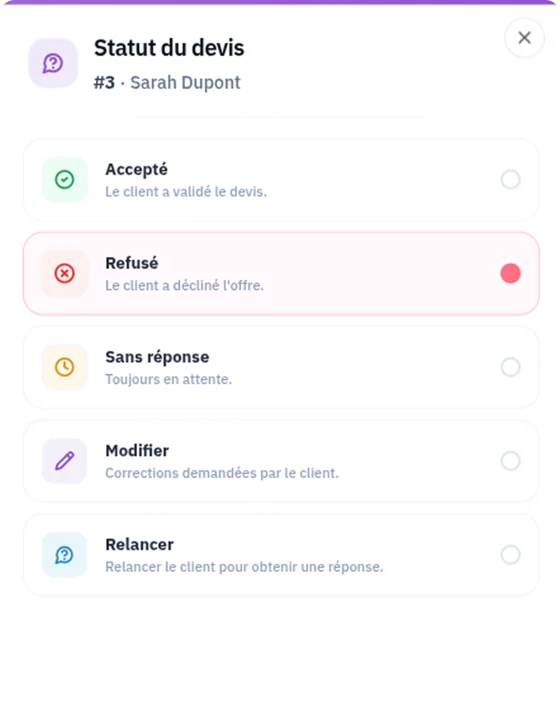 Statut d'un devis dans Aionik : accepté, refusé, sans réponse, modifications demandées par le client, ou relance