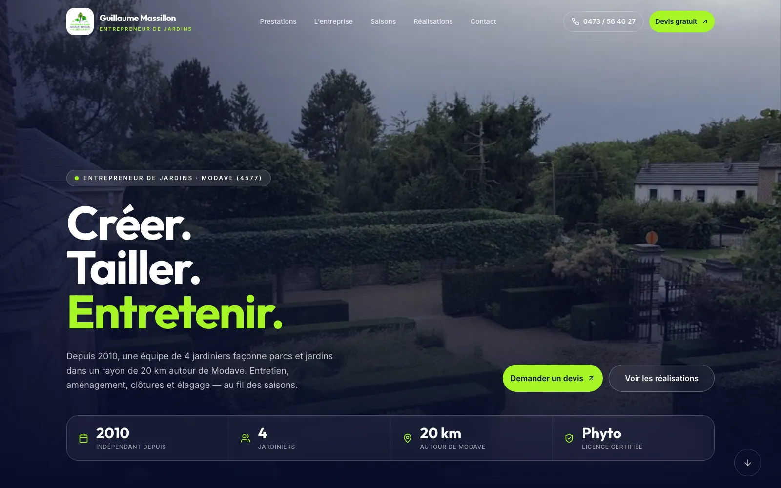 Page d'accueil du site web de Guillaume Massillon, réalisé avec Aionik